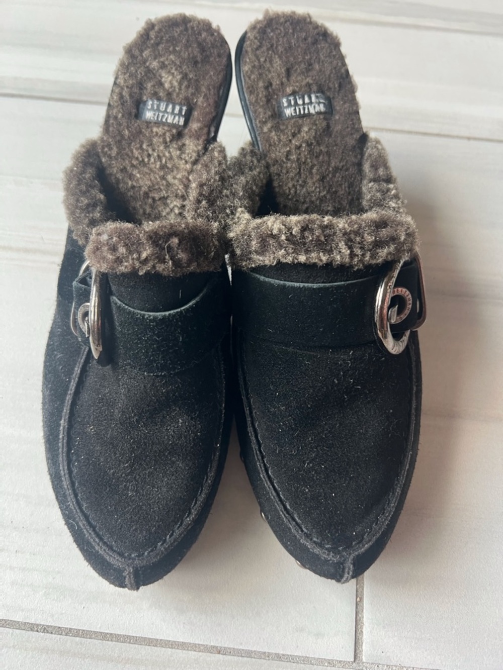 Stuart Weitzman Black Suede Shearling-Trim Slip-On Mules - Picture 7 of 8